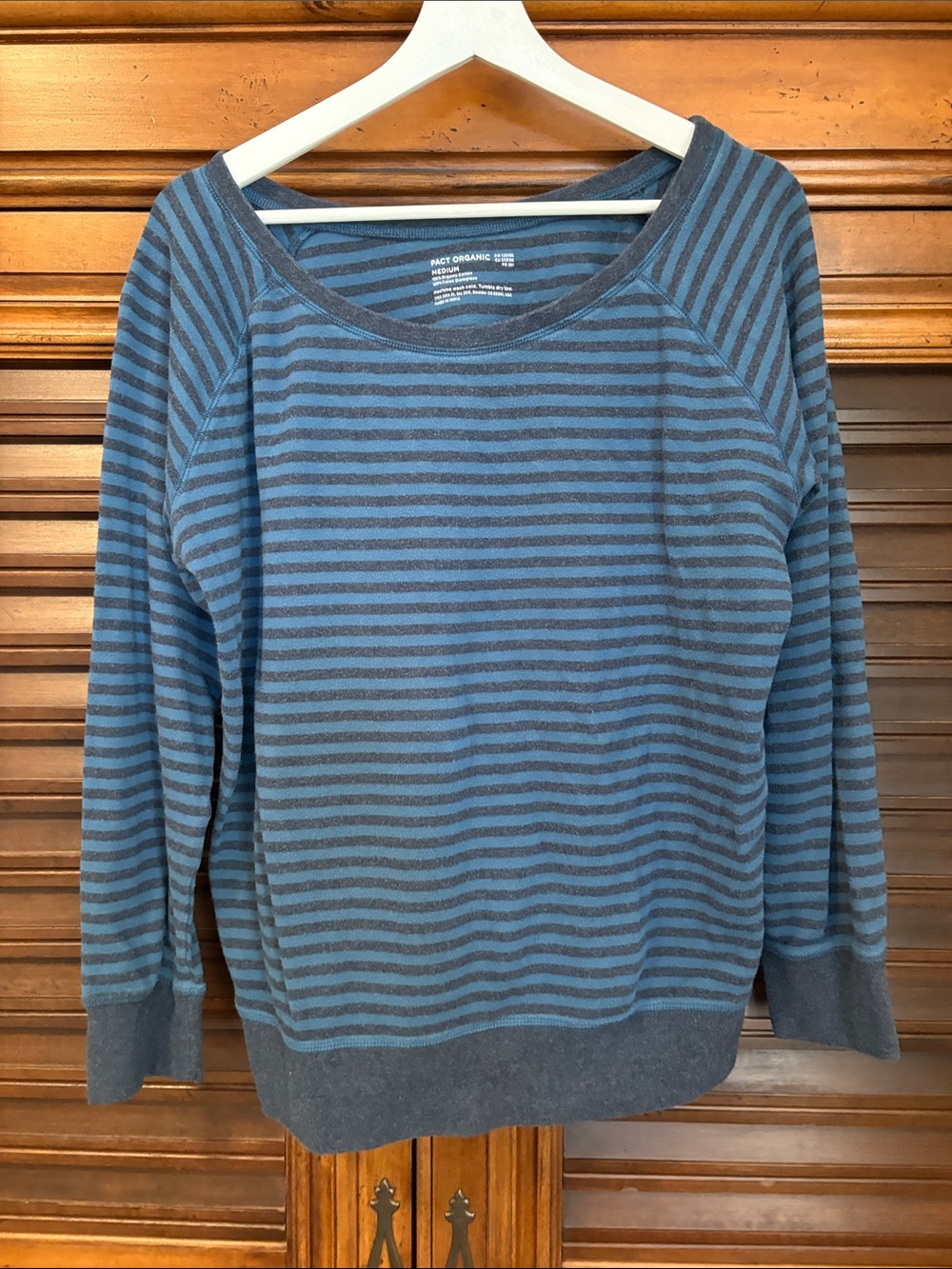 Pact Striped Blue and Gray Boatneck Sweater Medium